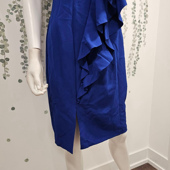 Vince Camuto Laguna Halter Neck Ruffled Crepe Body Con Dress Cobalt Blue size 6 - Picture 5 of 12